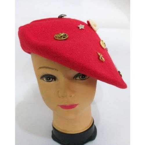 French-style Beret With Multi-button Pearl - Red