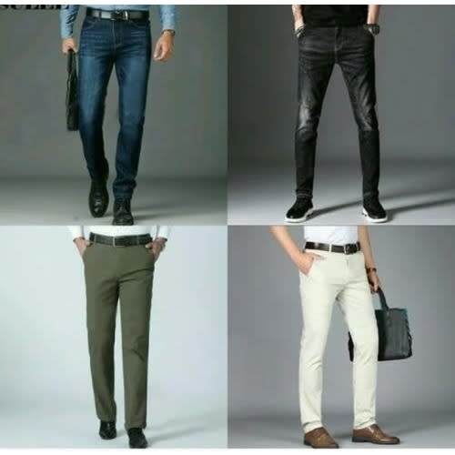 Pack Of Two Stock Jeans And Two Chinos For Men - Dark Blue + Black + Army Green + Off Whit