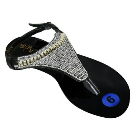 Ladies Flat Embellished Sandal - Black & Silver