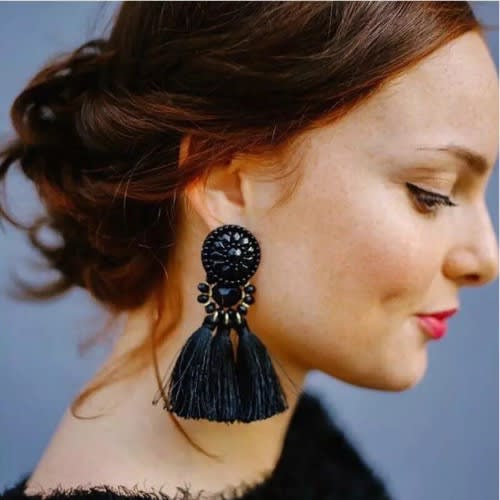 Bohemian Beaded Fringe Dangle Statement Tassel Earring - Black