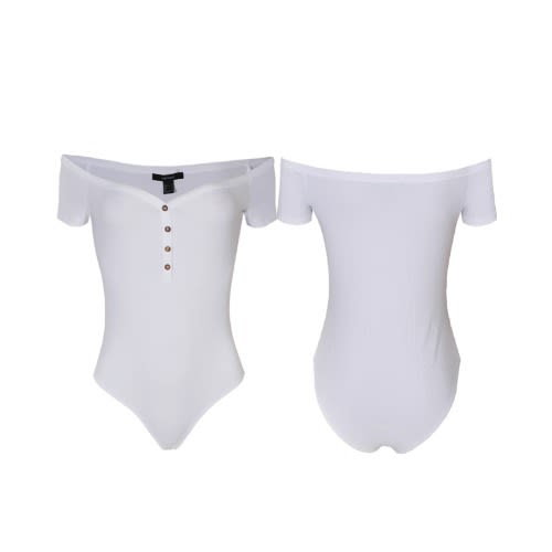 Capsleeve V-neck Buttoned Ribbed Bodysuit -White