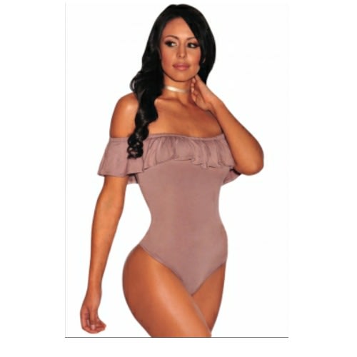 Emfed Taupe Off Shoulder Ruffle Bodysuit
