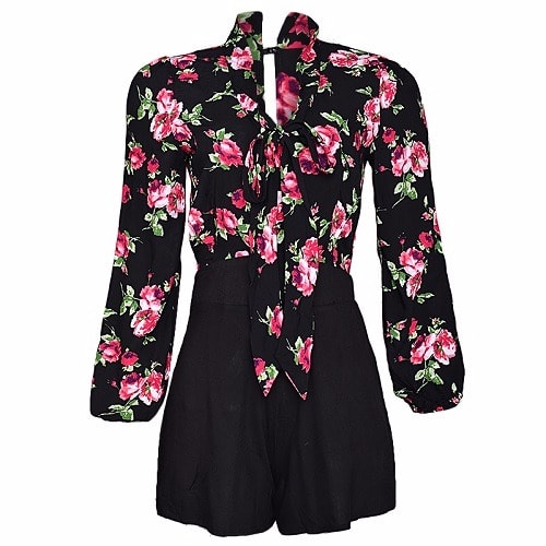 Flower Print Long Sleeve Playsuit- Black