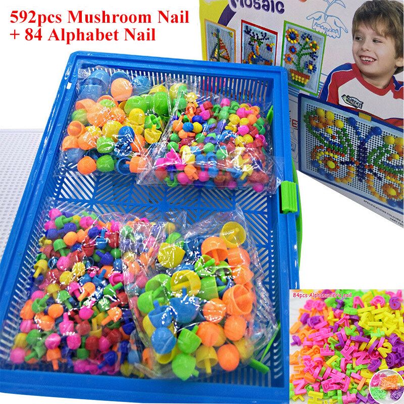 380/592/676pcs/Set Mushroom Nail Beads Puzzle Toys With Storage Box 3D Puzzle Games Jigsaw Board Educational Toys For Kids Birthday Gift 592pcs Mushroom Nail + Alphanumeric Nai
