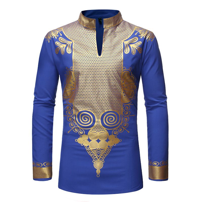 Men Print African Print Dresses Rich Bazin Dashiki Long Sleeve Henleys T-shirt