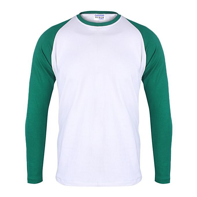 Plain Long Sleeve Round Neck T-Shirt- Green/ White