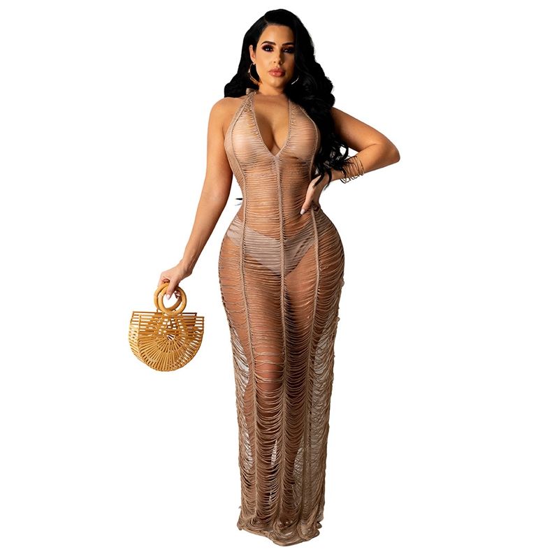 (Z098 Khaki)Solid Crochet Cover Ups Beads Twinkling Mesh Cover Up Handmade Crochet Beach Dress Mesh Beach Wear Net Bodysuit Bead Cover Ups SMA