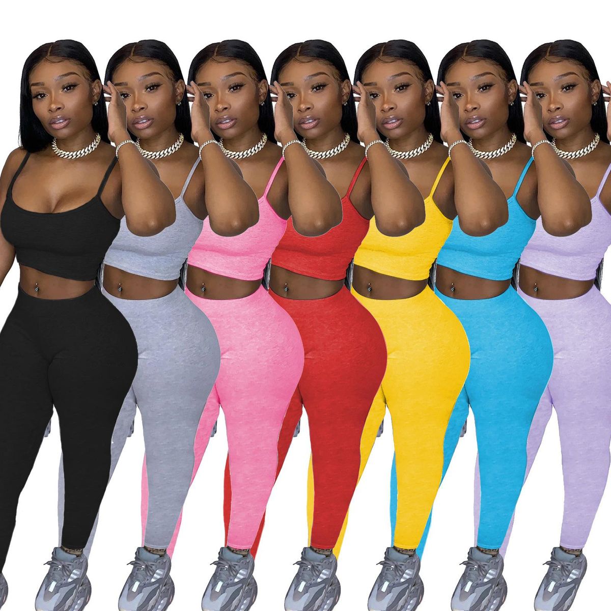 D9285 Hot-Sale Women's Clothing Casual Sports Solid Color Suspender Trousers Two-Piece Set