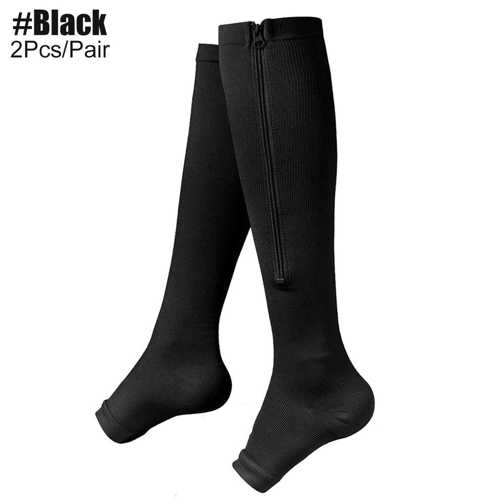 1Pair Zipper Calf Compression Length Stocking For Women Slim Sleeping Beauty Leg,Medical Prevent Varicose Veins, Sports Runing-Black