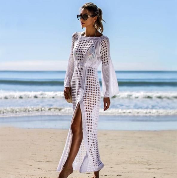 (White)2022 Sexy Women Summer Chic Ladies White Bikini Cover Up Beach Split Dress See Through Knitted Crochet Cover-Ups Bathing Suit SMA