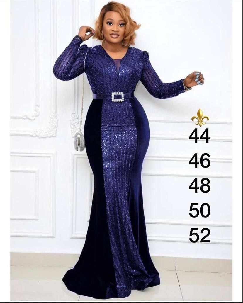 Turkey Velvet/Sequence Belted Evening/dinner Dress-BLUE