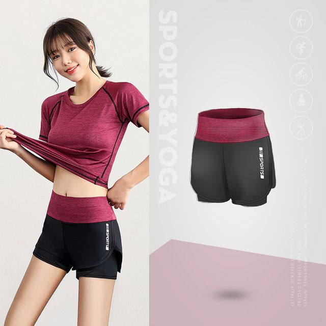 Fake Two Pieces Yoga Shorts Women For Wine Red-two Tone_S