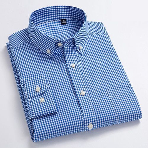 Men's Standard-Fit Long-Sleeve Casual Checked Shirt Single Patch Pocket Button-down Collar Comfortable 100% Cotton Gingham Shirt 18-232