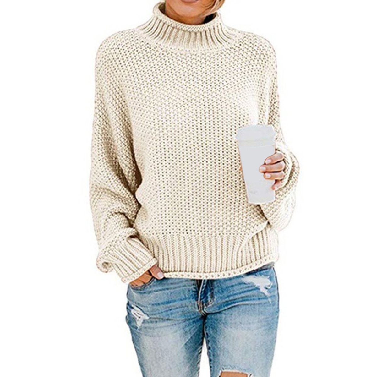 Women's Sweater Solid Loose Oversized Batwing Long Sleeve M White