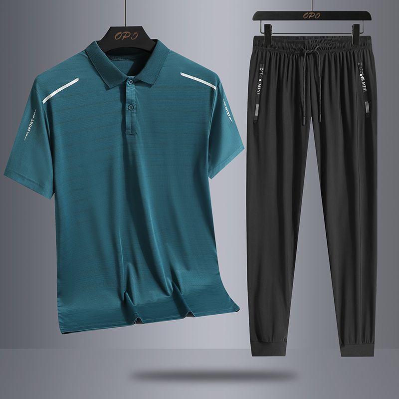 2 In 1 Big Size M-5XL Men's Summer Two-Piece Casual Sports Ice Silk Shorts T-Shirt Polo Shirt Set Green