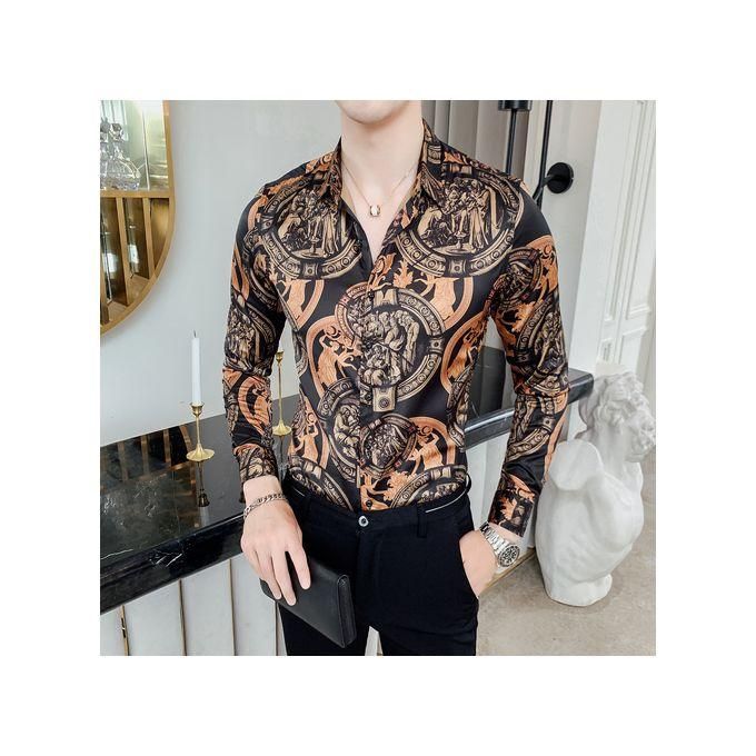 2019 Autumn Flower Shirt Mens Club Long Sleeve Shirt Slim Fit Fancy Shirts Casual Shirts Men Camisa Social Masculina(2320gold)