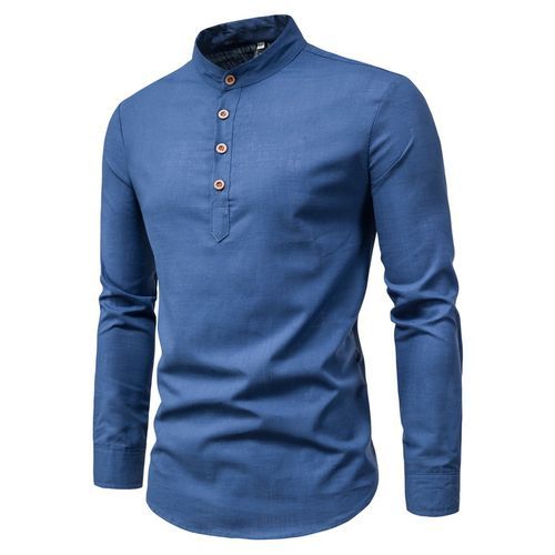 Men's Breathable Cotton Long Sleeve Henleys Plain Stand Collar Slim Shirt - Blue