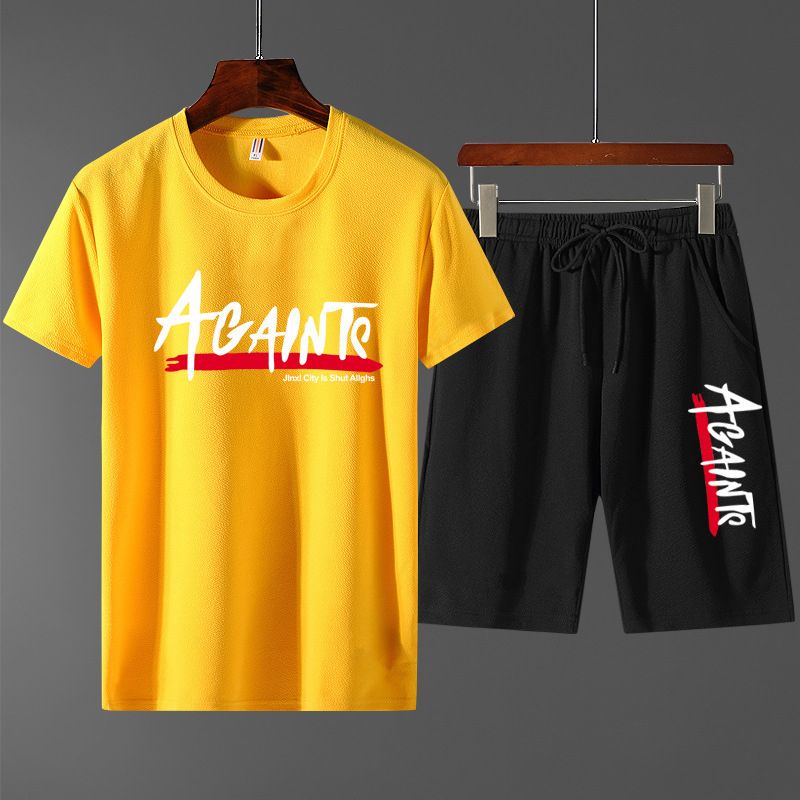 Mens 2 In 1 Short Sleeve Round Neck T-Shirt & Shorts Set-Yellow