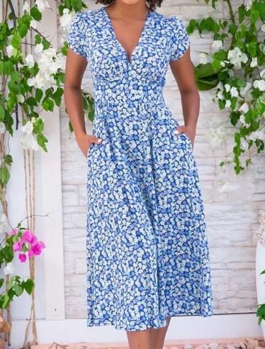 Women's printed pocket Bohemian V-neck