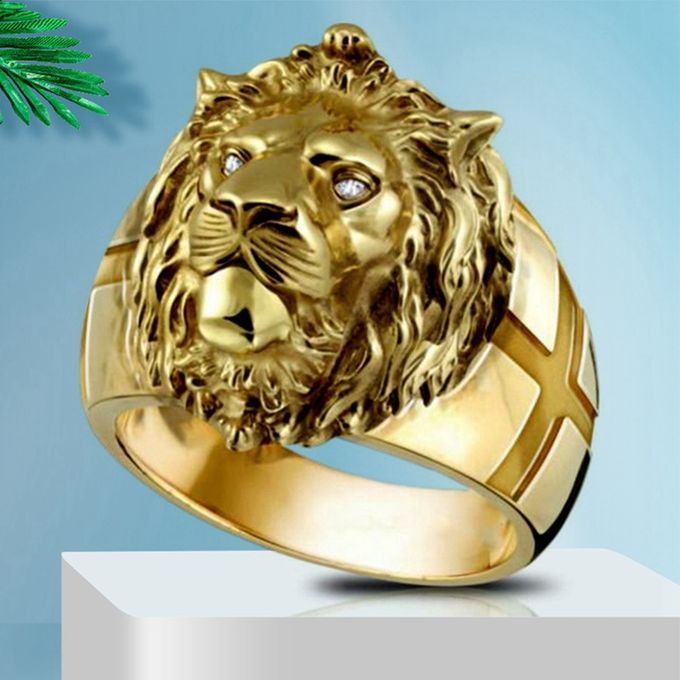 Ins Hot Golden Lion Head Diamond Geometric Men's Ring