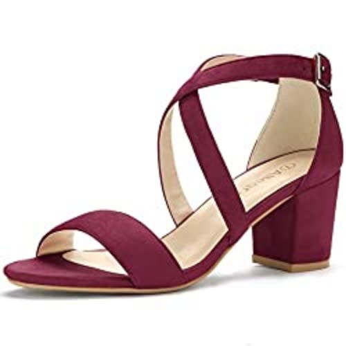 K Women's Crisscross Ankle Strap Block Heel - Burgundy