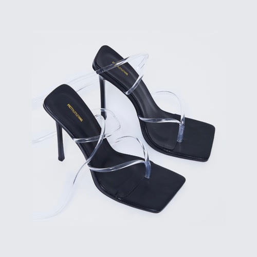 Black Square Toe Clear Lace Up Toe Thong Heels