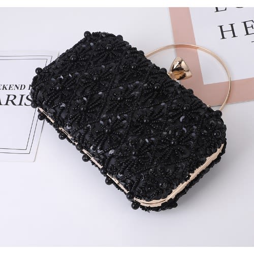 Sequin Studded Evening Clutch- Black