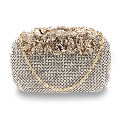 Rhinestone Flower Clutch - Silver