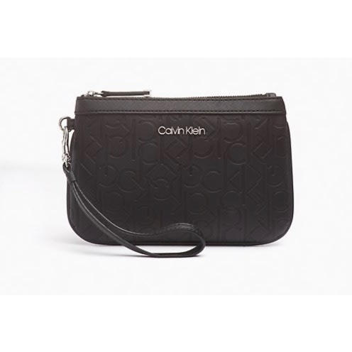 Embossed Monogram Logo Large Zip Wristlet, Black
