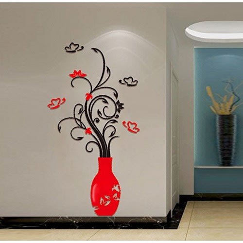 Diy 3D Removable  Wall Stickers  Flower Vase  Home Decor- Rose Red