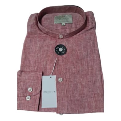 Men’s Washed & Red Collarless Relaxed Slim Fit Linen Shirt