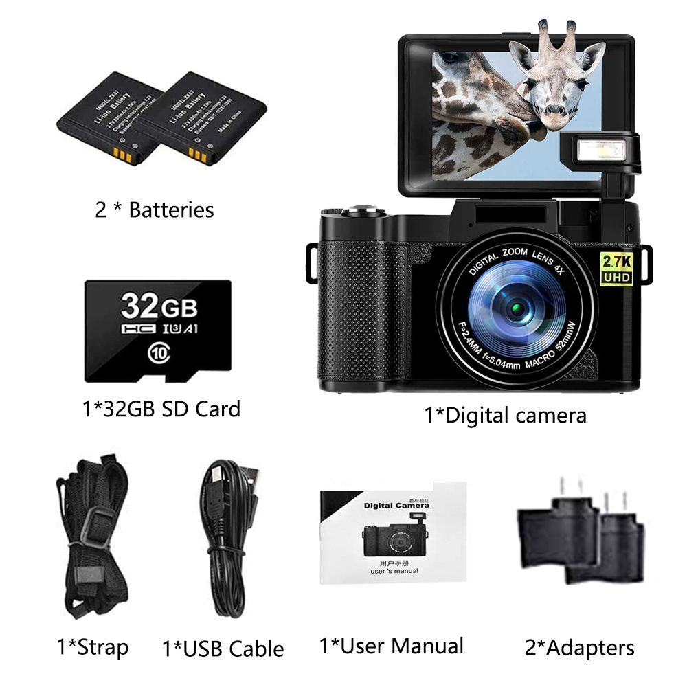 Full HD 2.7K Digital Camera With Retractable Flash 3inch 24MP Photographic Camera 4x Zoom Professional EIS Video Cam For Youtube D1