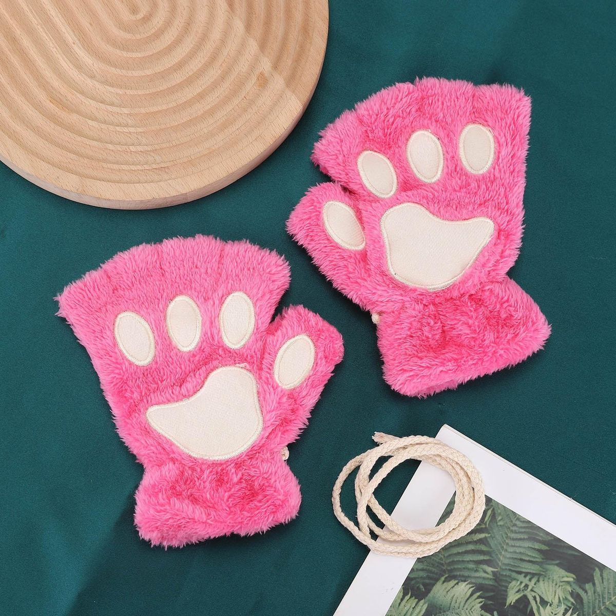 1 Pair Ladies Cartoon Bear Cat Paw Girls Plush Rose Red