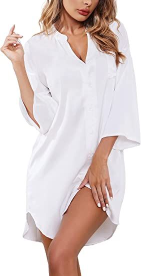 Women's Satin Button Down Casual Gown 3/4 Sleeve Shirt V Neck Boyfriend Collar Silk Wear Off-White