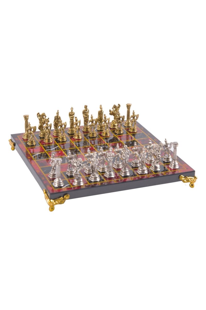 Luxury Metal Cast Chess Set Roman  Special Leg Flame Red Marble Patterned Board Stylish Design Trend Product
