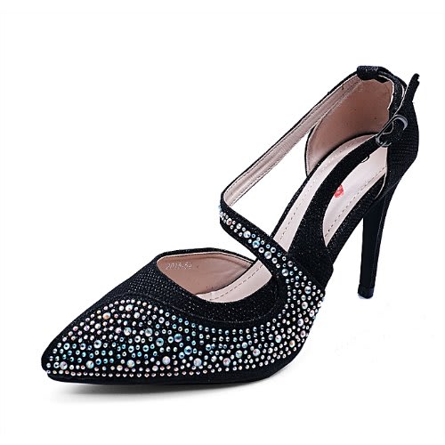 Women's Diamante Anlke Strap Court Shoes - Black