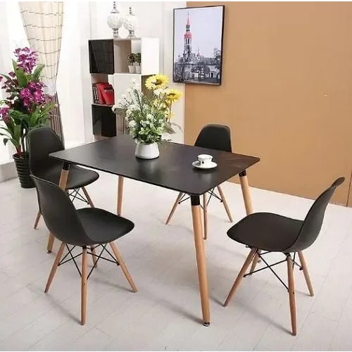 Wooden Leg Dining Table And 4 Chair Set - Black