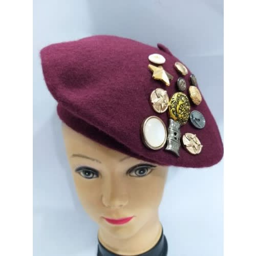 French-style Embellished Wine Multi-button Beret