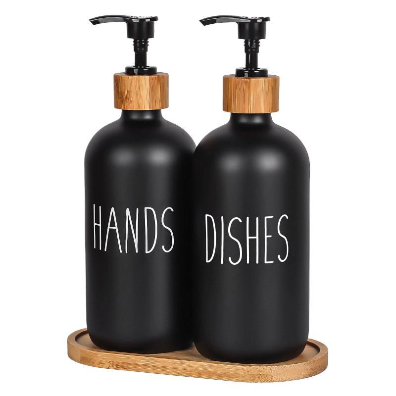 Black Glass Soap Dispenser Set: 500ml With Wood Tray For Hom