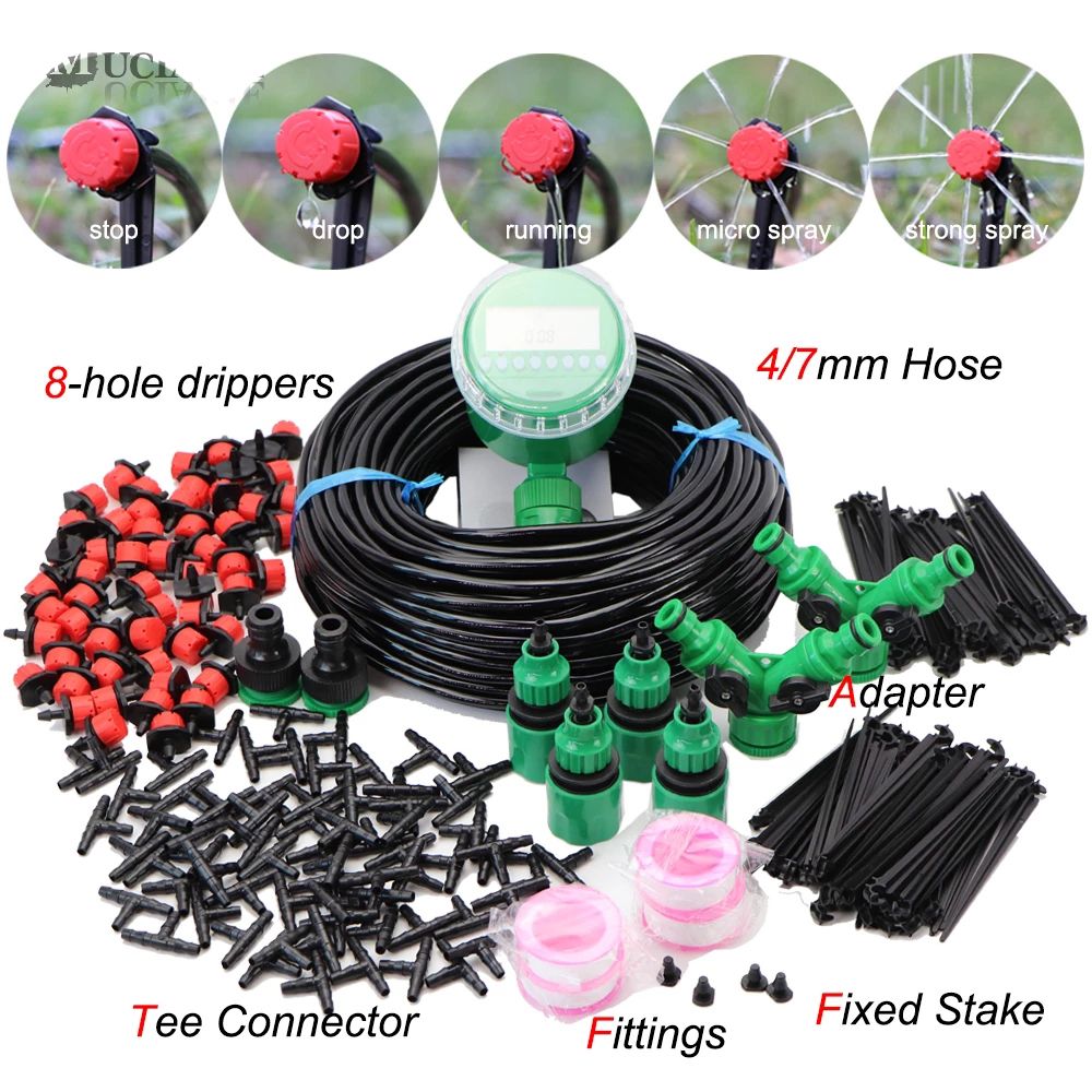 25M Automatic Garden Watering Adjustable Drip Irrigation System Digital Water Timer Controller 4/7mm Micro Drop Kits
