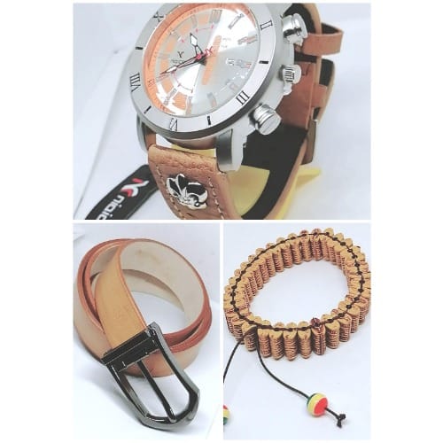 Men Solid Brown Leather Belt + Wristwatch + Bracelet