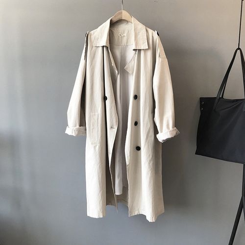Ladies Loose Solid Color Lapel Long-sleeved Mid-length Windbreaker Jacket - Creamy