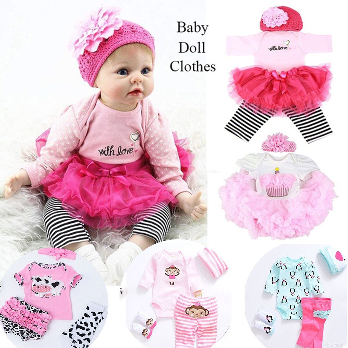 Lifelike Baby Dolls Romper Clothes Headdress For 20''-22'' Reborn Baby Girl Doll For Mother Training Kids Gift Rose Red