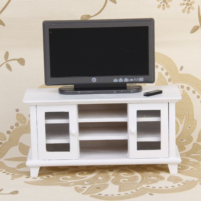 White Wooden TV Cabinet And Television 12th Dolls House Miniature