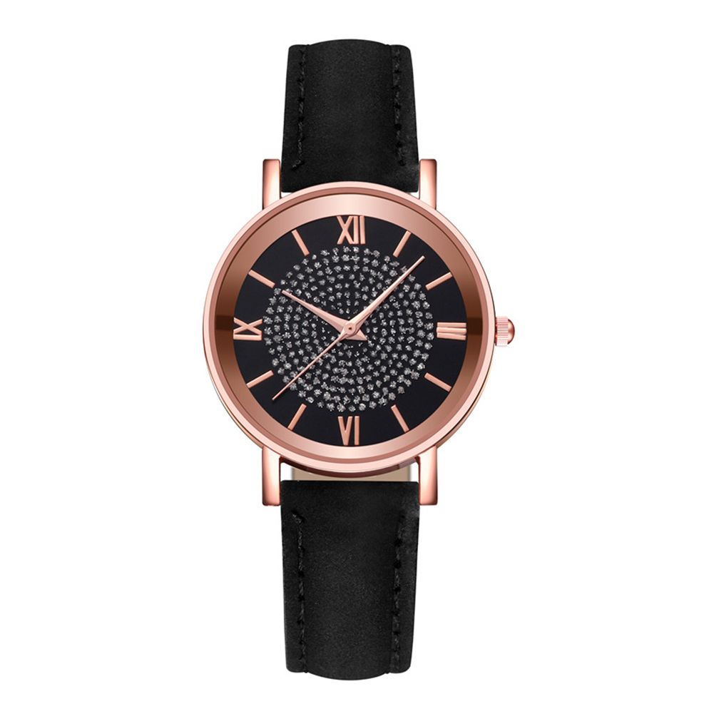 Women Fashion Rhinestones Inlaid Round Dial Analog-Black