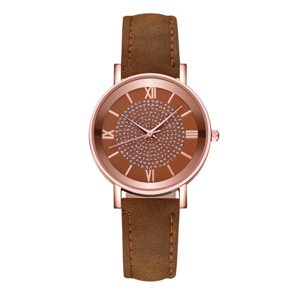Women Fashion Rhinestones Inlaid Round Dial Analog-Brown