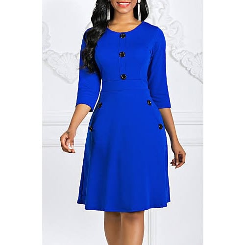 Royal Blue Solid Button Detail Midi Dress