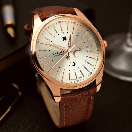 Men Leather Waterproof Wristwatch - Brown