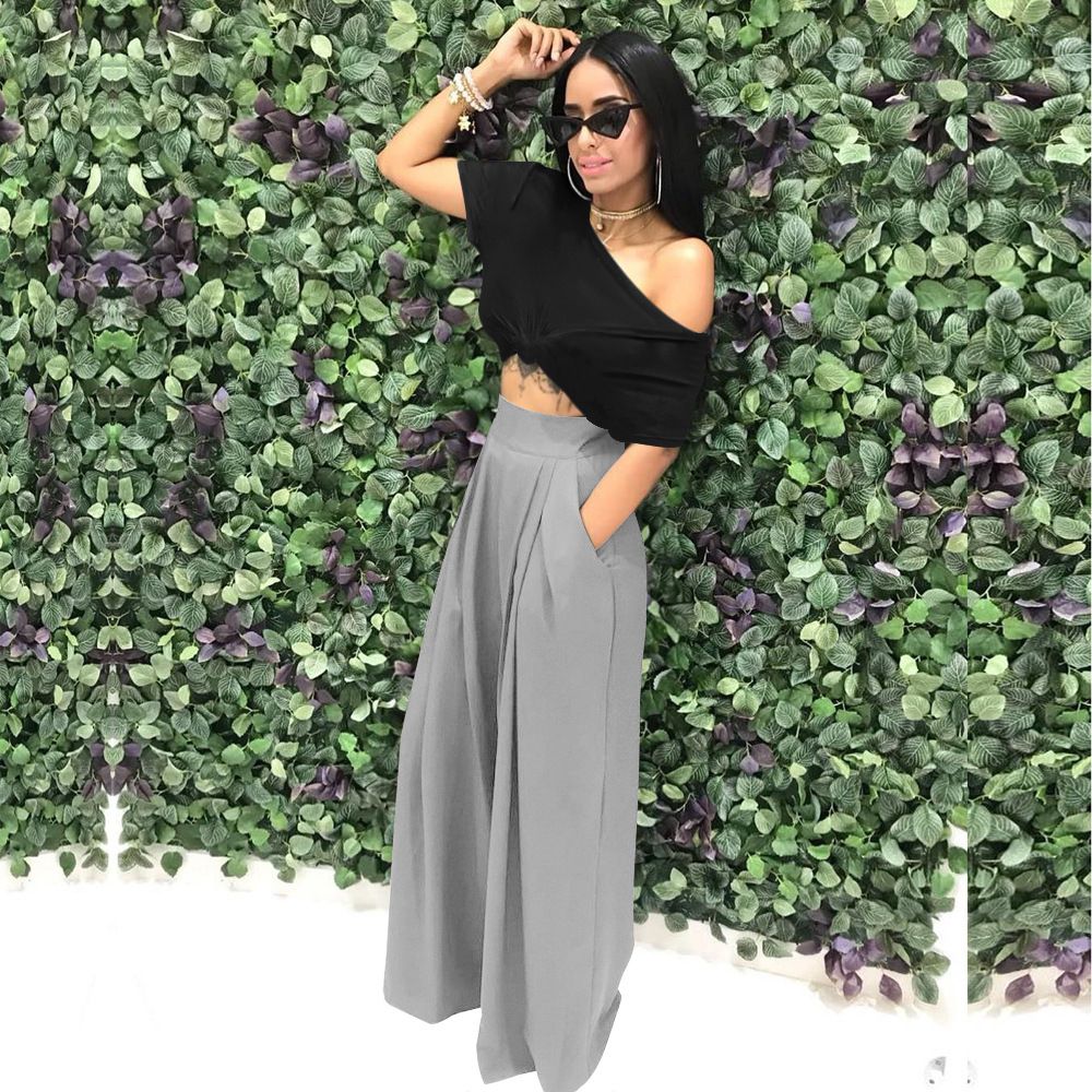(grey)Plus Size Pants Ankle-Length Pants  Office Lady Elastic Waist Wide Leg Pants Women Plus Size Clothing Flat Wholesale Dropshpping SAB