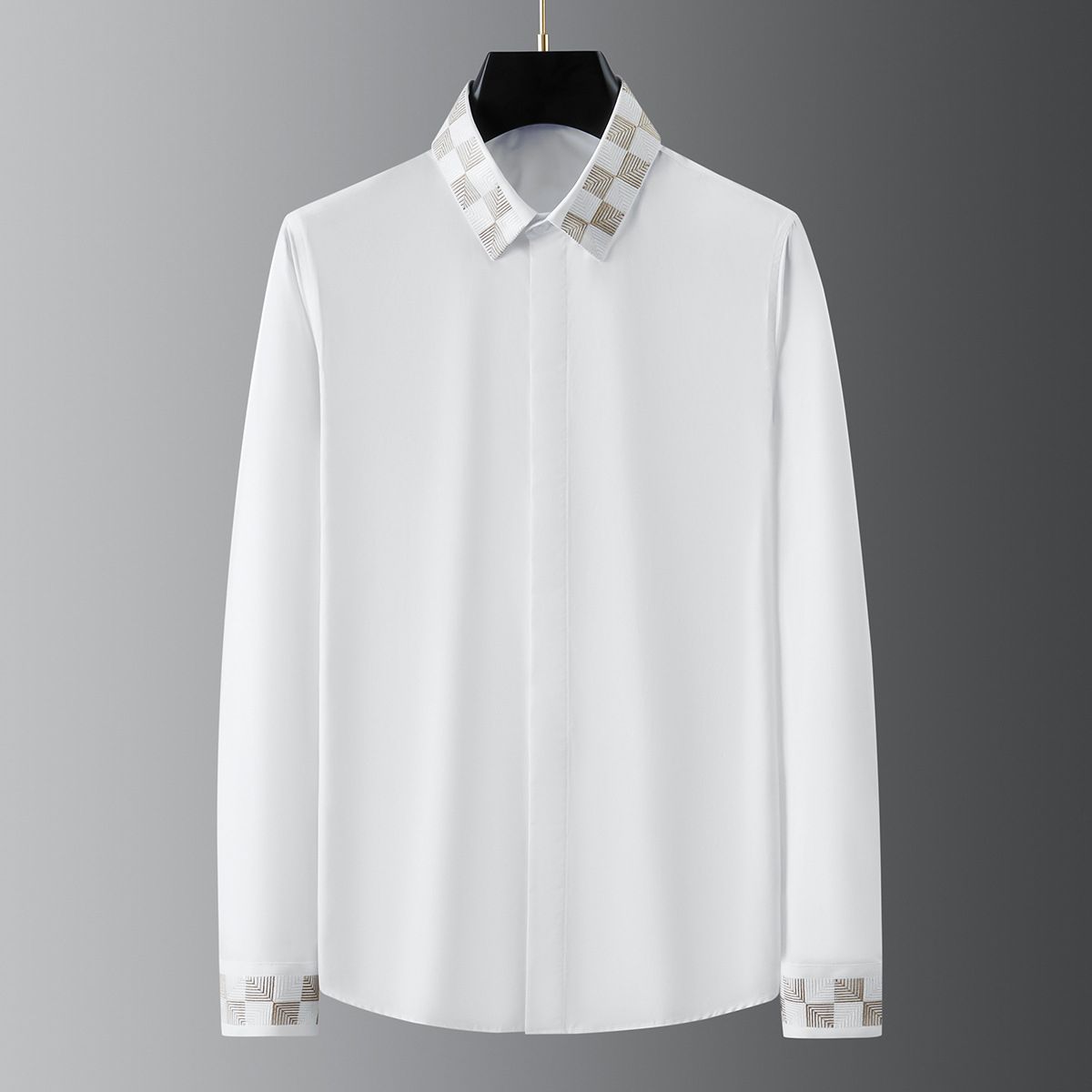 （）Trendy Collar Cuff Panels Panel Embroidery Men's Long-sleeved Shirt Casual